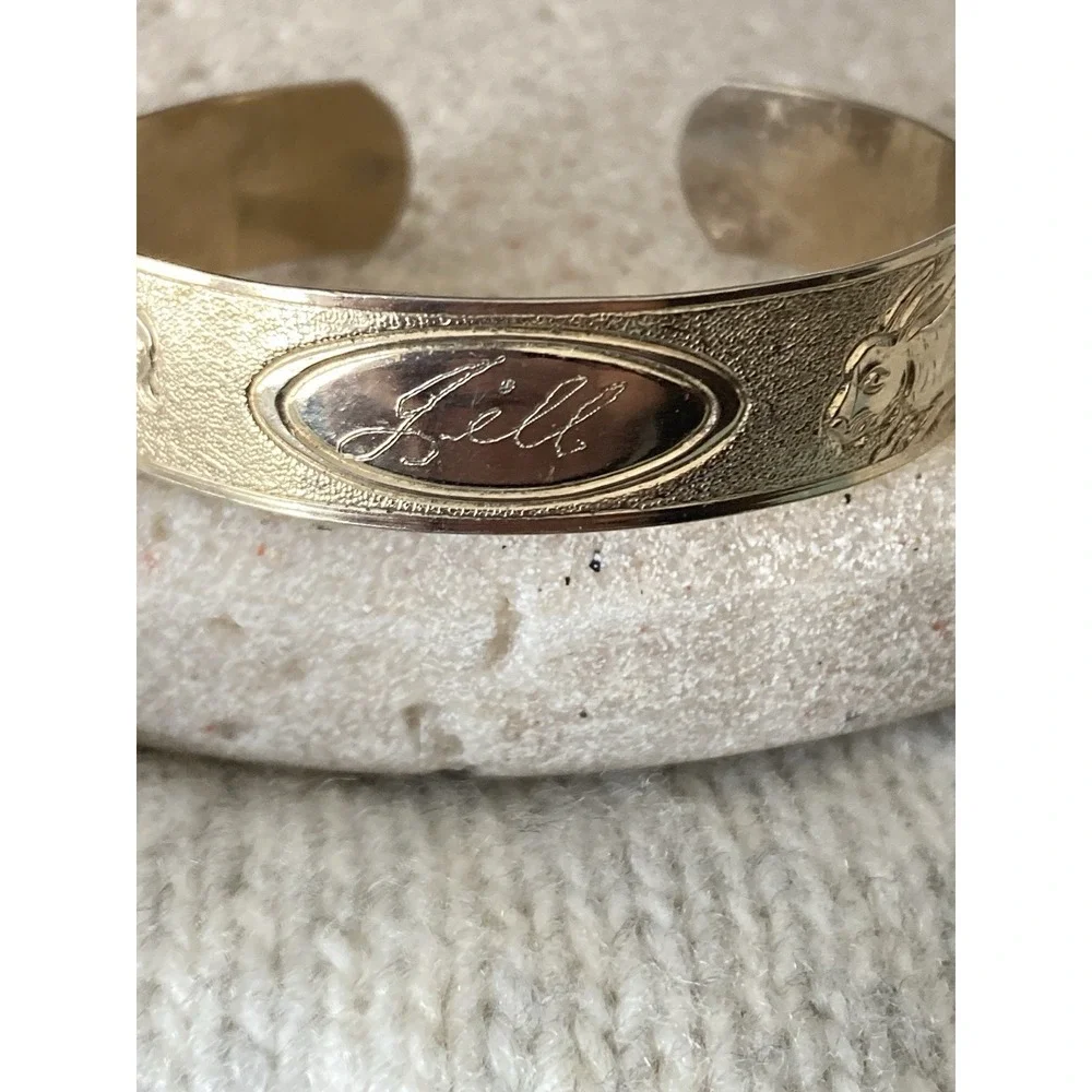 Vintage‎ Children's Cuff Bracelet Gold Tone Jill Name Embossed Animals